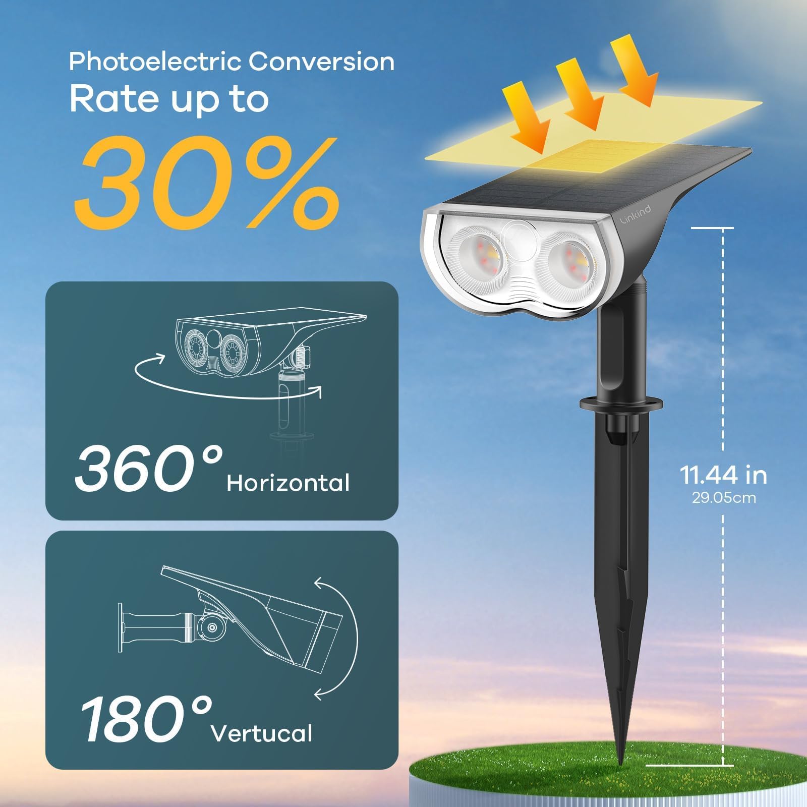 Linkind StarRay Outdoor Solar Spotlight (650lm, 22LEDs, IP65 Waterproof, 90° Beam angle)