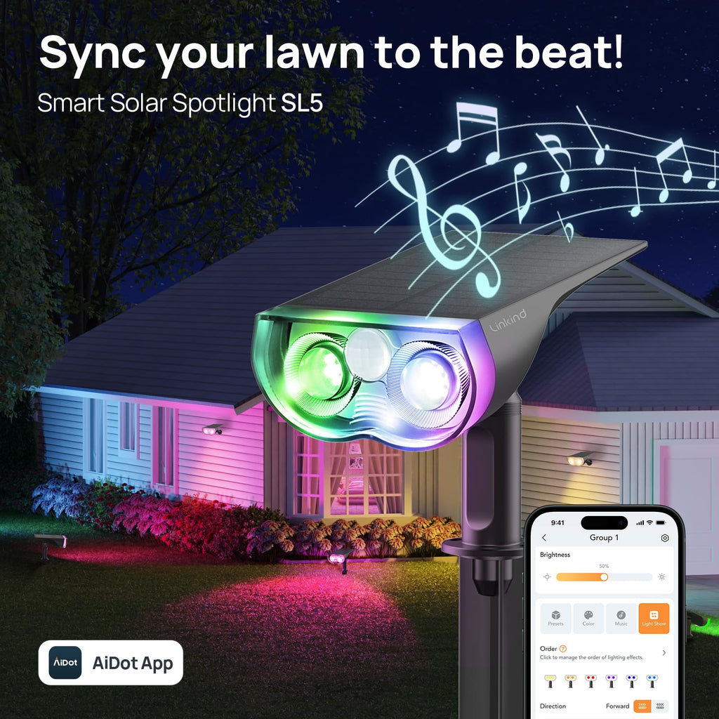 Linkind SL5 Smart Outdoor Solar Spotlight with Motion Sensor (150lm, App&Voice Control, 16 Million Color, IP67 Waterproof)