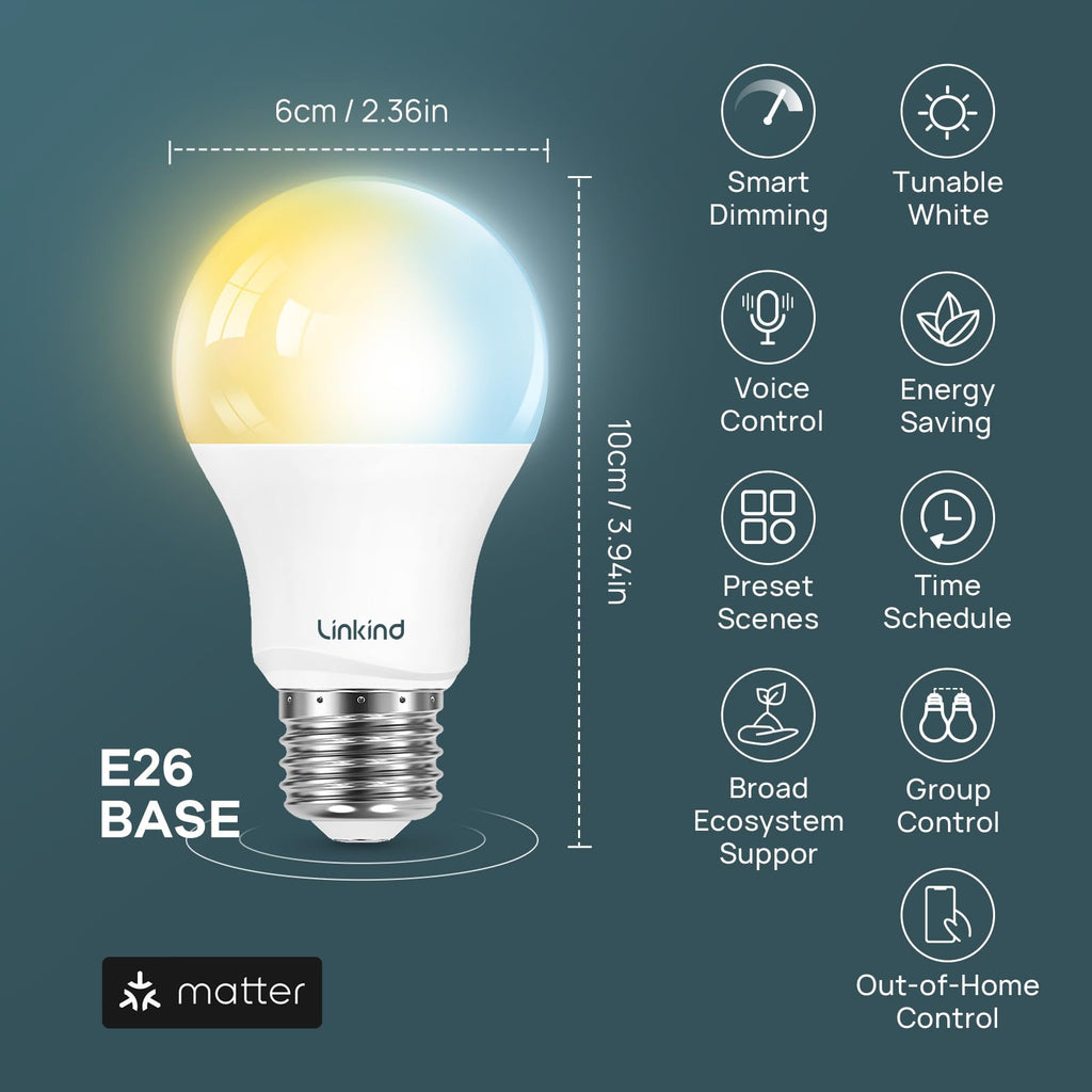 Linkind A19 Matter Smart CCT Light Bulbs - 800lm